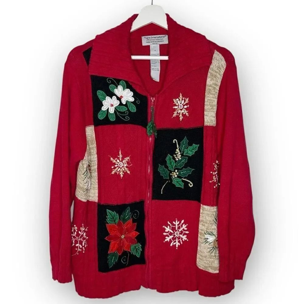 Y2K Tiara International Christmas Cardigan Beaded Grandmacore Ugly Plus Size 1X